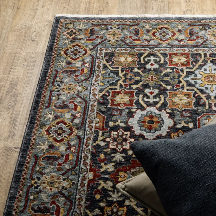 8' X 11' Blue And Beige Oriental Area Rug With Fringe