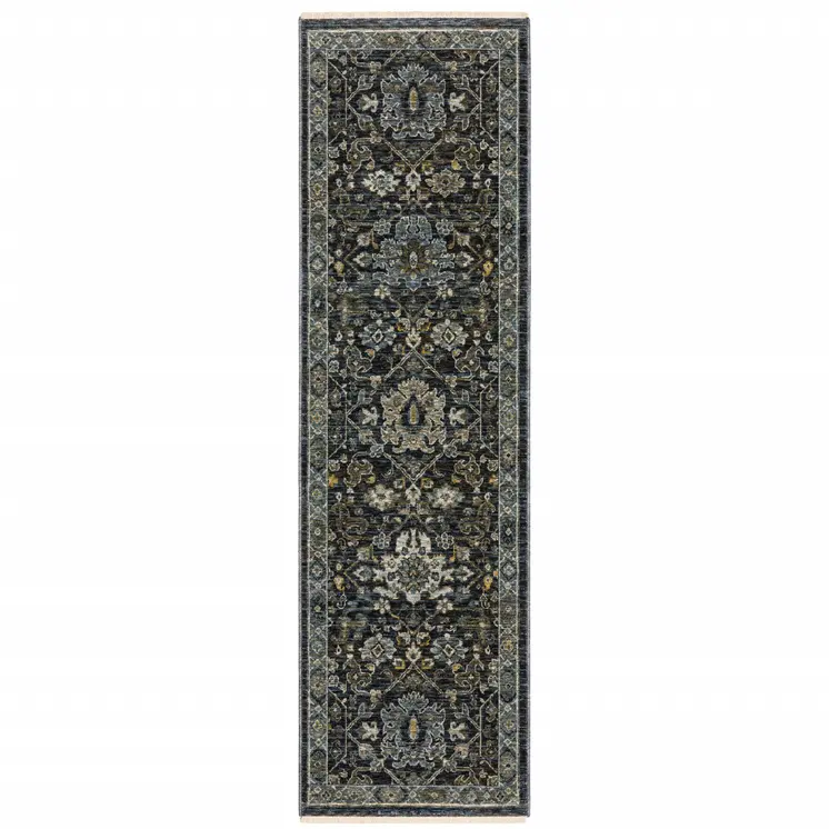 8' Blue and Ivory Oriental Power Loom Runner Rug