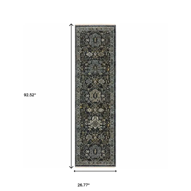 8' Blue and Ivory Oriental Power Loom Runner Rug