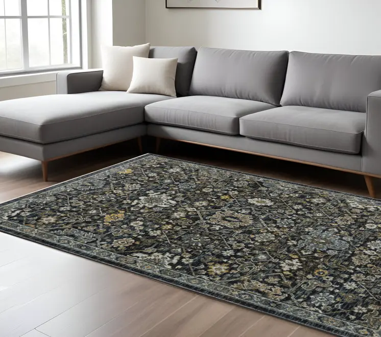 7' X 10' Blue And Dark Blue Oriental Area Rug With Fringe