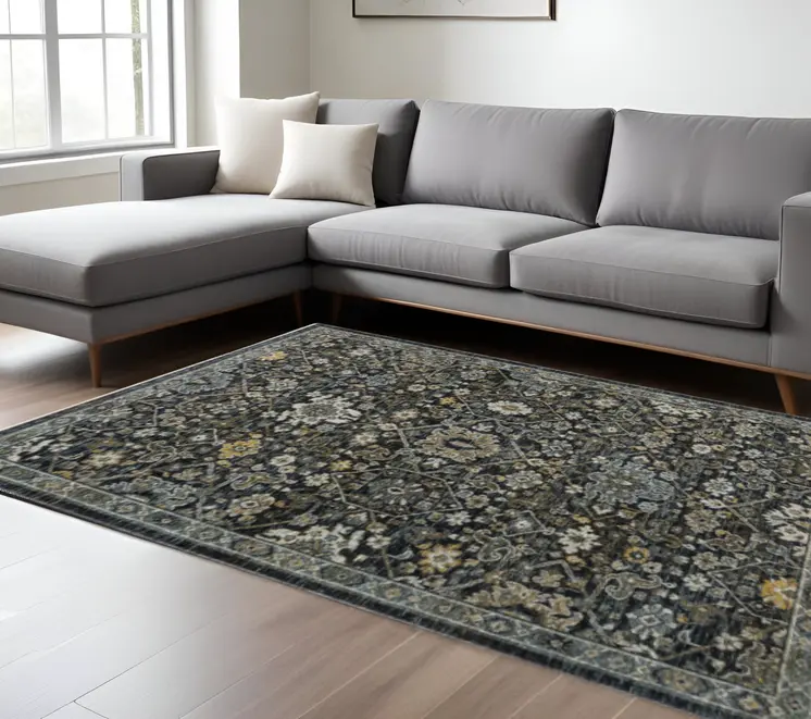 10' X 13' Blue Ivory Grey Gold Green And Brown Oriental Power Loom Stain Resistant Area Rug With Fringe