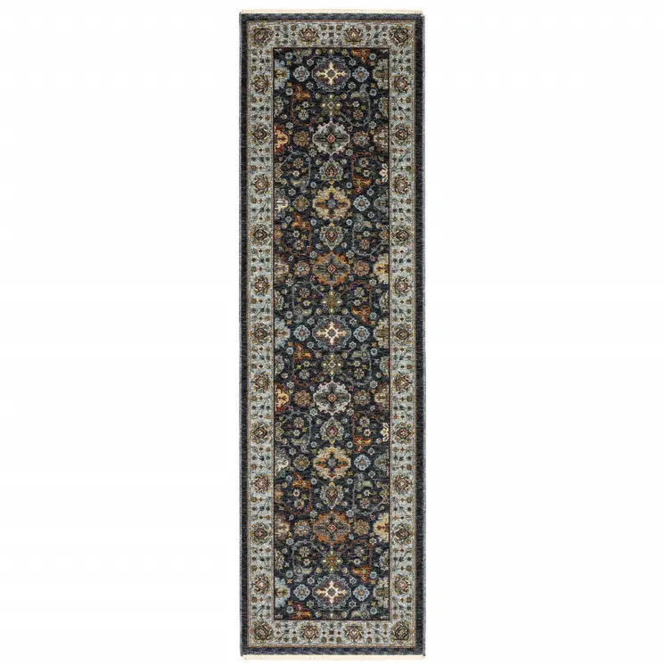 2' X 8' Blue And Beige Oriental Power Loom Runner Rug With Fringe