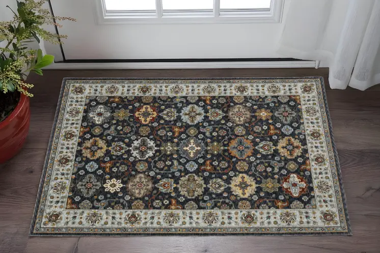 3' X 5' Blue Red Beige Yellow Grey Rust And Gold Oriental Power Loom Stain Resistant Area Rug With Fringe