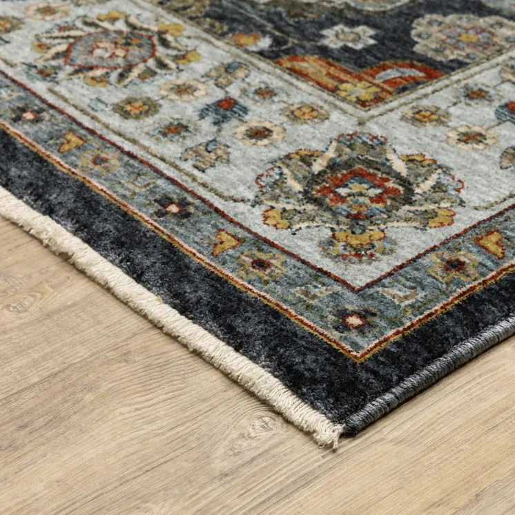 7' X 10' Blue And Beige Oriental Area Rug With Fringe