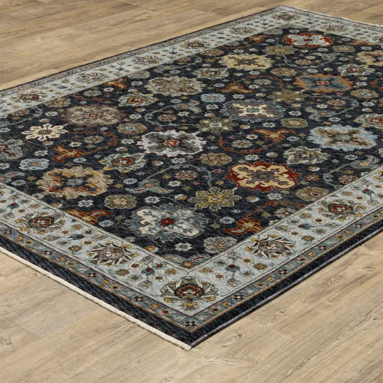 7' X 10' Blue And Beige Oriental Area Rug With Fringe