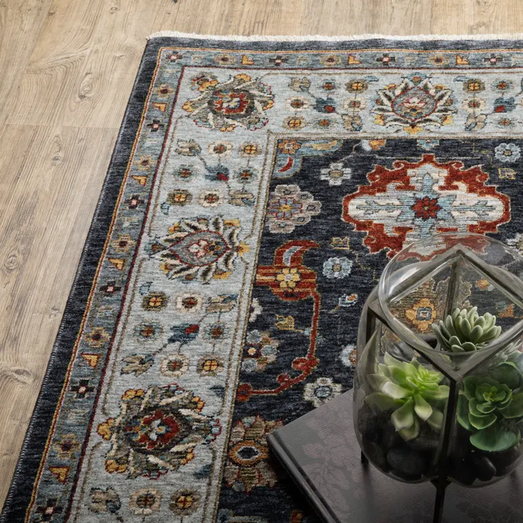 7' X 10' Blue And Beige Oriental Area Rug With Fringe