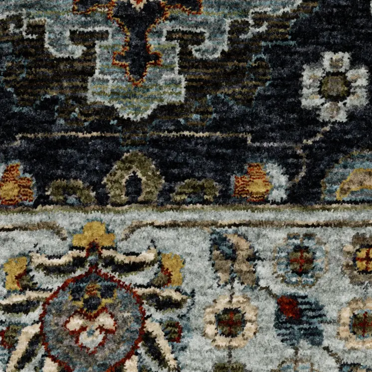 7' X 10' Blue And Beige Oriental Area Rug With Fringe