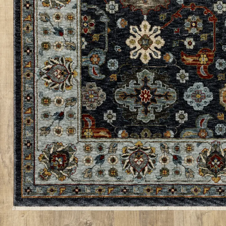 7' X 10' Blue And Beige Oriental Area Rug With Fringe