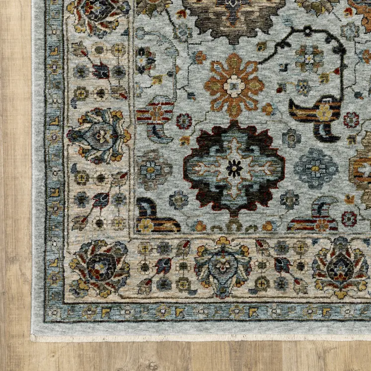 8' Blue And Ivory Oriental Power Loom Runner Rug With Fringe