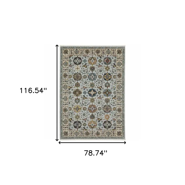 7' X 10' Blue And Ivory Oriental Area Rug With Fringe