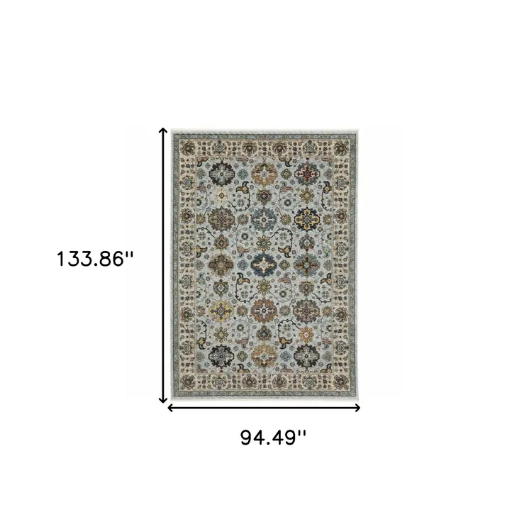 8' X 11' Blue Ivory And Yellow Oriental Area Rug With Fringe
