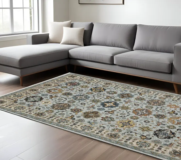 8' X 11' Blue Ivory And Yellow Oriental Area Rug With Fringe
