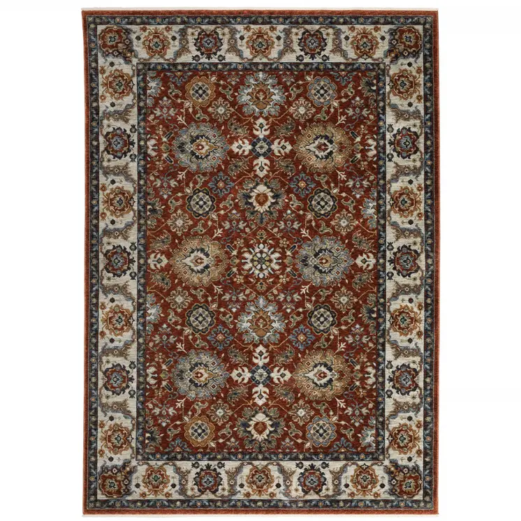 2' X 3' Red Blue Ivory Gold And Navy Oriental Power Loom Stain Resistant Area Rug With Fringe