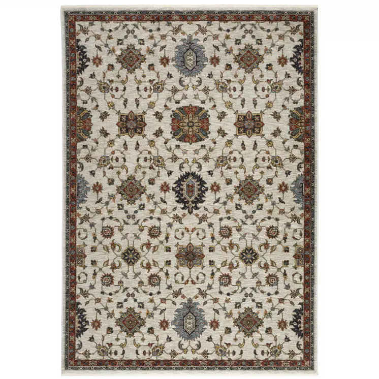5' X 8' Beige Rust Red Blue Gold And Grey Oriental Power Loom Stain Resistant Area Rug With Fringe