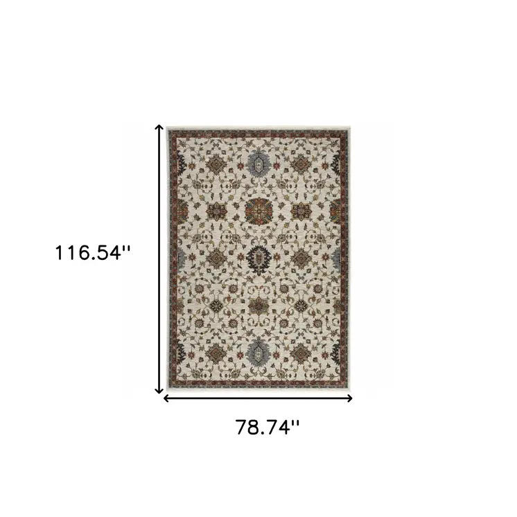 7' X 10' Ivory Red And Yellow Oriental Area Rug With Fringe