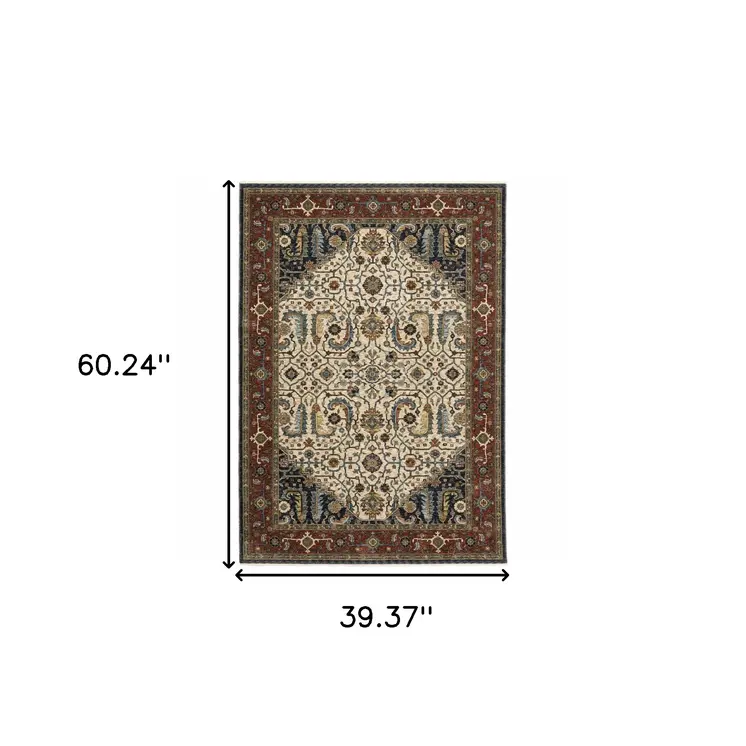 3' X 5' Ivory Beige Red Blue Gold Green And Navy Oriental Power Loom Stain Resistant Area Rug With Fringe