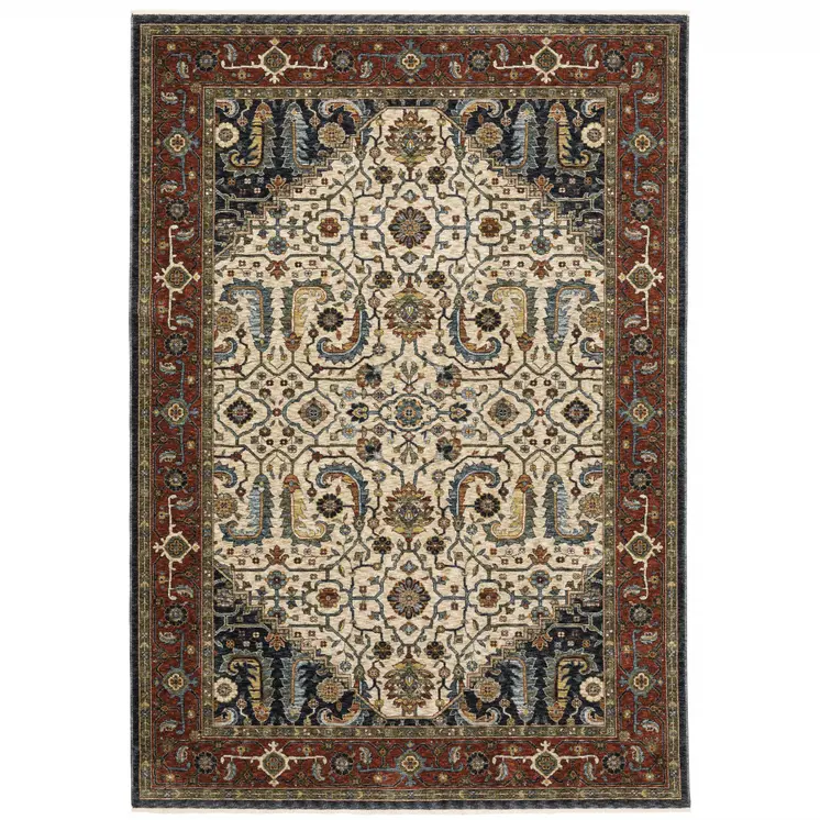 7' X 10' Ivory Red And Green Oriental Area Rug With Fringe
