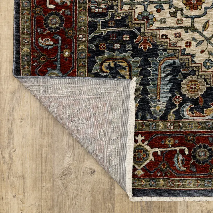 7' X 10' Ivory Red And Green Oriental Area Rug With Fringe