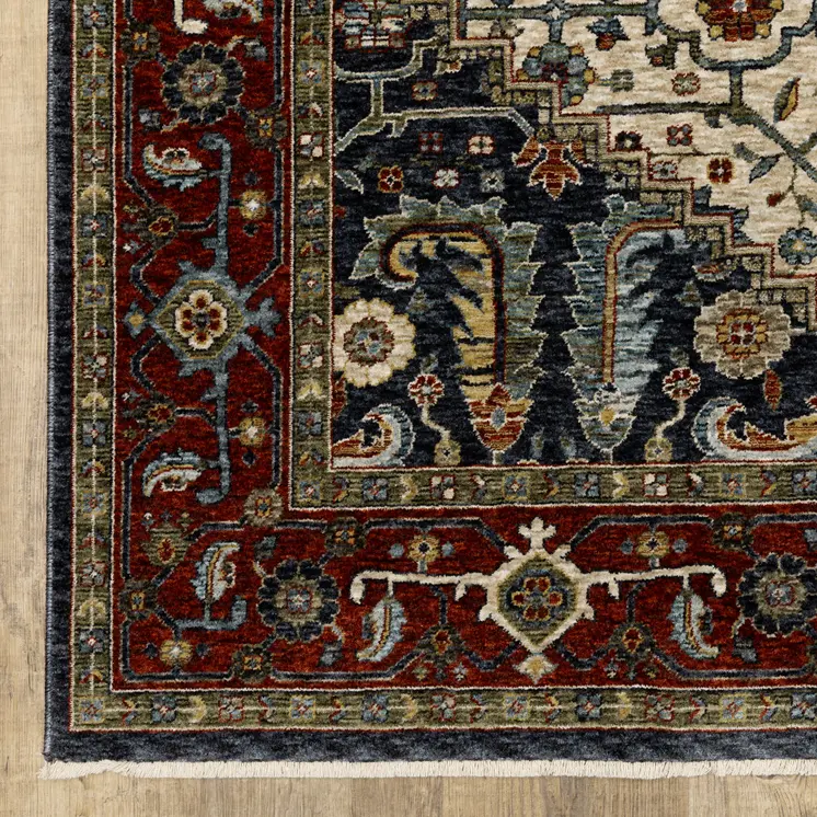 7' X 10' Ivory Red And Green Oriental Area Rug With Fringe