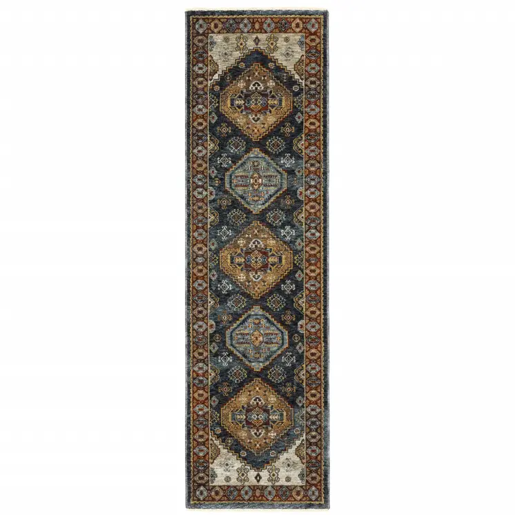 2' X 8' Blue And Beige Oriental Power Loom Runner Rug With Fringe