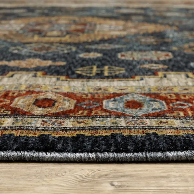 8' X 11' Blue Beige And Orange Oriental Area Rug With Fringe