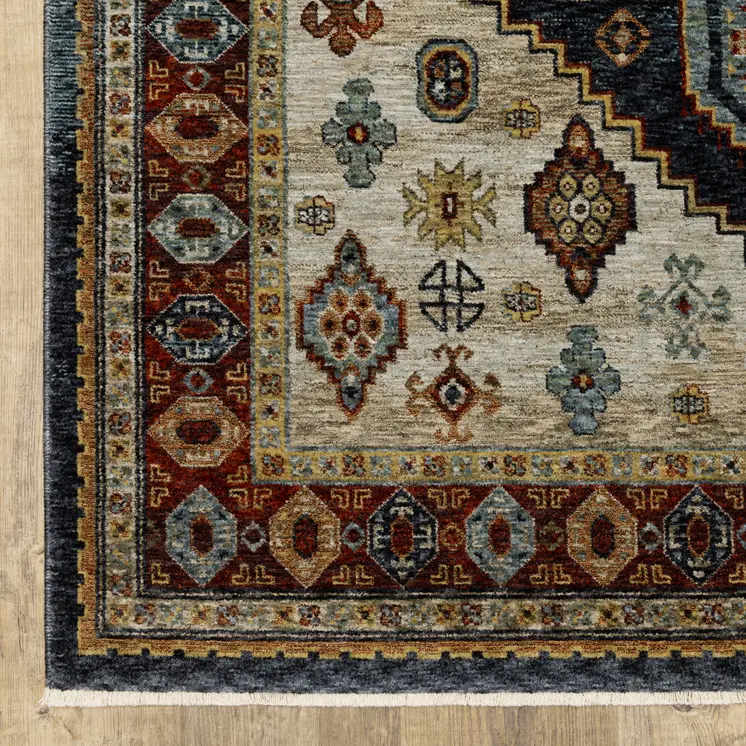 8' X 11' Blue Beige And Orange Oriental Area Rug With Fringe