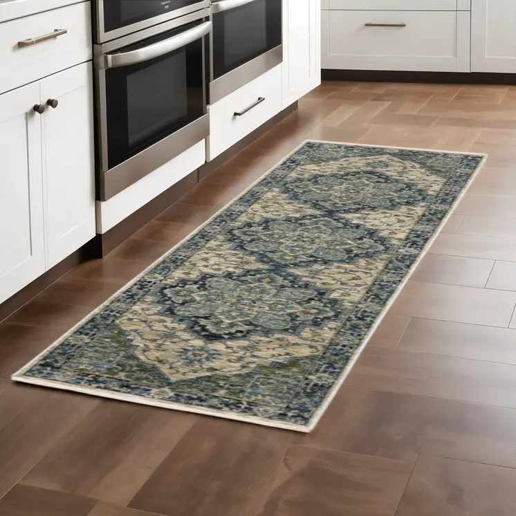 2' X 8' Blue And Beige Oriental Power Loom Runner Rug With Fringe