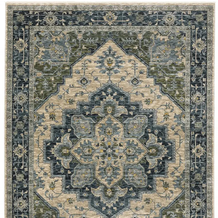 2' X 3' Blue Grey Beige Tan Green And Gold Oriental Power Loom Stain Resistant Area Rug With Fringe