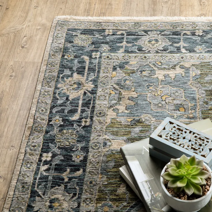 7' X 10' Blue And Beige Oriental Area Rug With Fringe