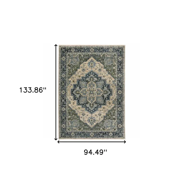 8' X 11' Blue And Beige Oriental Area Rug With Fringe