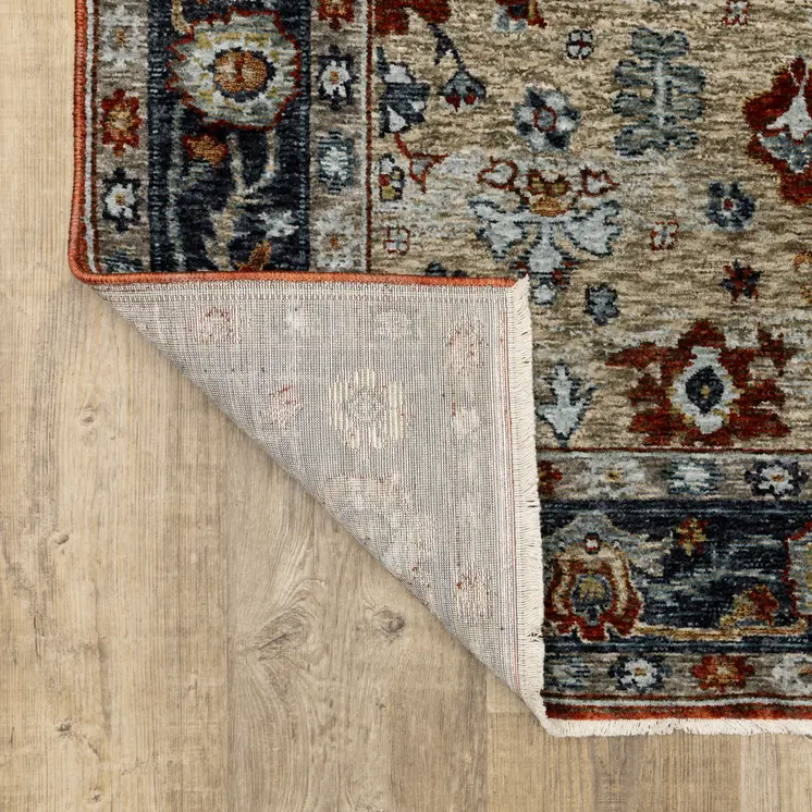 2' X 8' Blue Beige Tan Brown Gold And Rust Red Oriental Power Loom Stain Resistant Runner Rug With Fringe