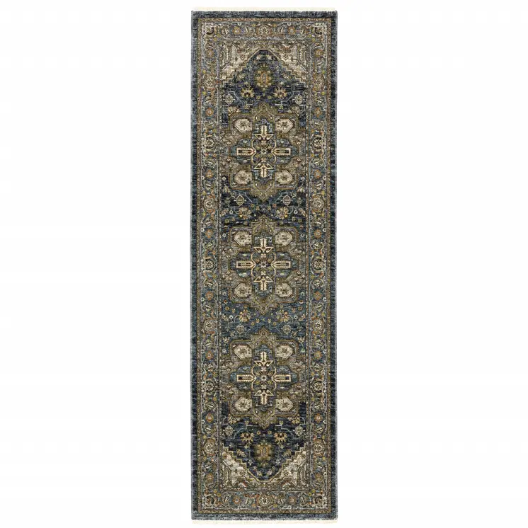 8' Blue and Green Oriental Power Loom Runner Rug