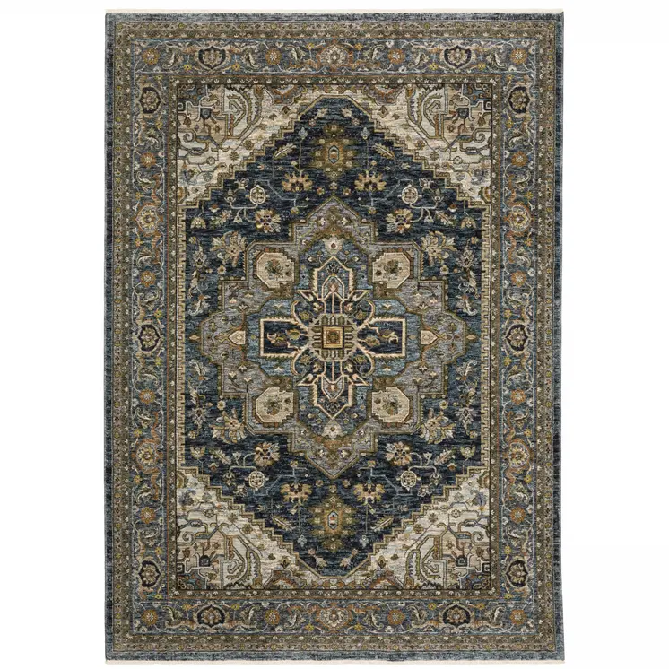 2' X 3' Blue Taupe Grey Green Rust Tan Beige And Gold Oriental Power Loom Stain Resistant Area Rug With Fringe