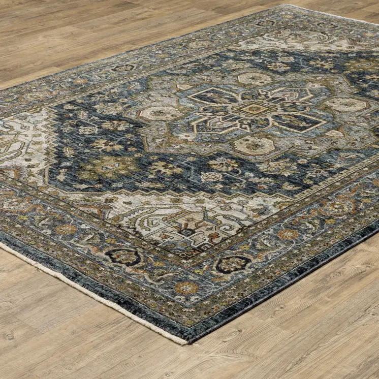 2' X 3' Blue Taupe Grey Green Rust Tan Beige And Gold Oriental Power Loom Stain Resistant Area Rug With Fringe