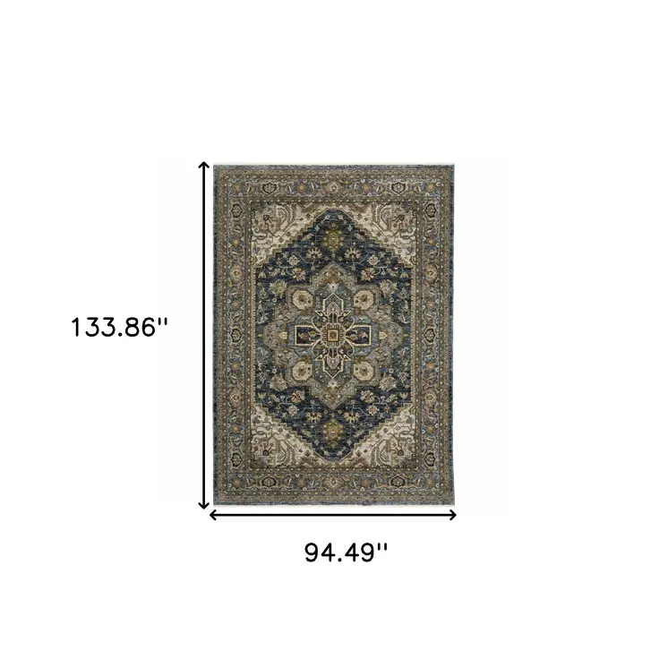 8' X 11' Blue And Midnight Oriental Area Rug With Fringe
