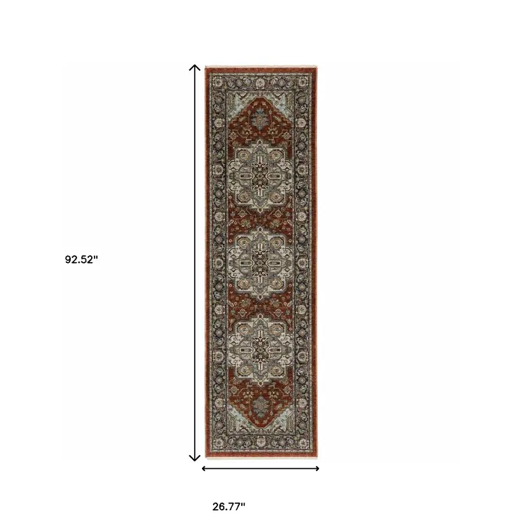 2' X 8' Blue Beige Grey Gold Green And Rust Red Oriental Power Loom Stain Resistant Runner Rug With Fringe