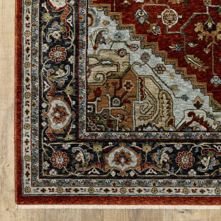 8' X 11' Red And Blue Oriental Area Rug With Fringe