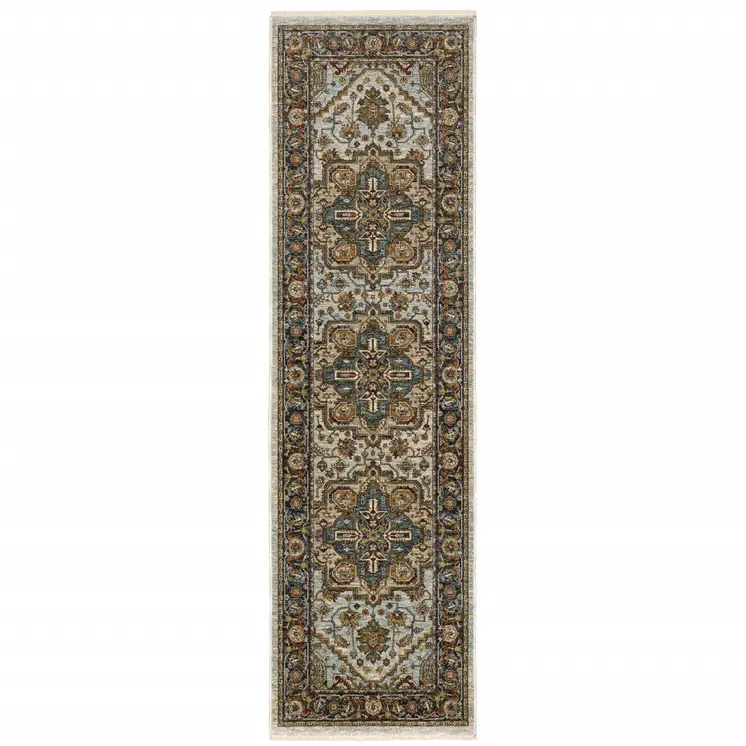 2' X 8' Ivory Beige Blue Orange Gold Green Grey And Rust Oriental Power Loom Stain Resistant Runner Rug With Fringe