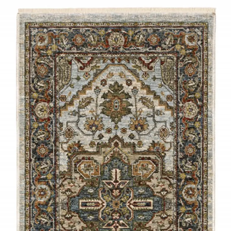 2' X 8' Ivory Beige Blue Orange Gold Green Grey And Rust Oriental Power Loom Stain Resistant Runner Rug With Fringe