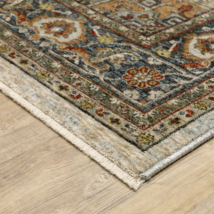 2' X 8' Ivory Beige Blue Orange Gold Green Grey And Rust Oriental Power Loom Stain Resistant Runner Rug With Fringe