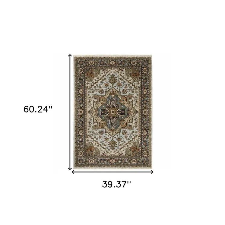 3' X 5' Beige And Ivory Oriental Area Rug With Fringe