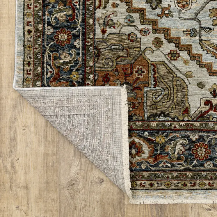 7' X 10' Ivory And Blue Oriental Area Rug With Fringe