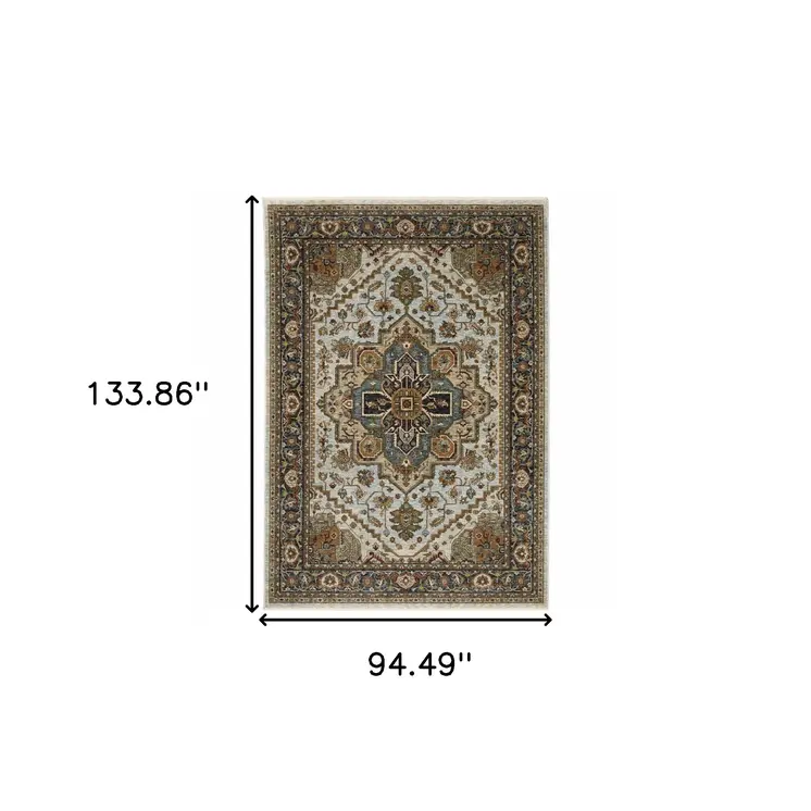 8' X 11' Ivory And Blue Oriental Area Rug With Fringe
