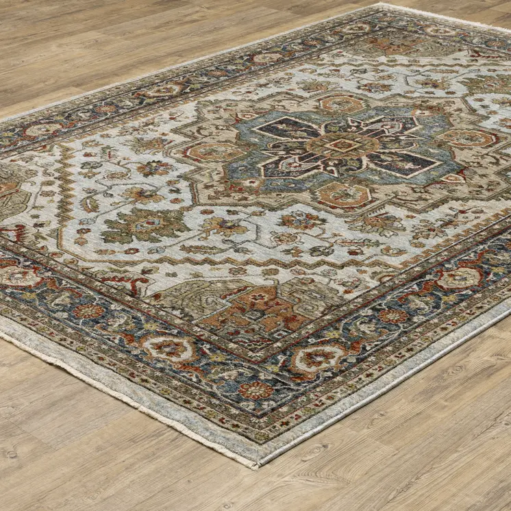 8' X 11' Ivory And Blue Oriental Area Rug With Fringe