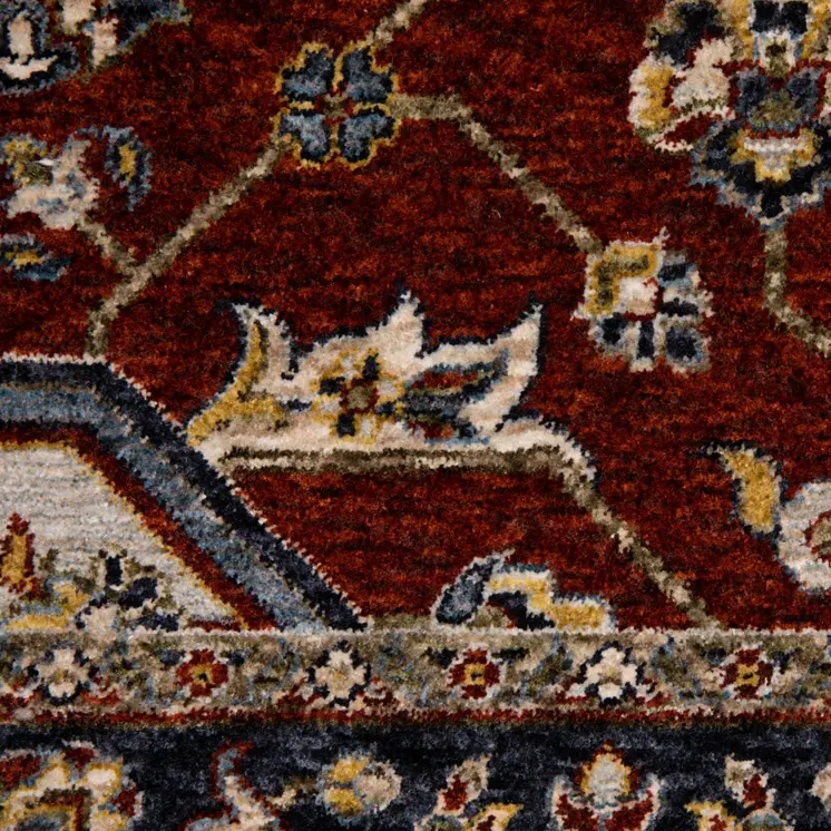 2' X 8' Red Ivory Blue Navy Gold And Grey Oriental Power Loom Stain Resistant Runner Rug With Fringe