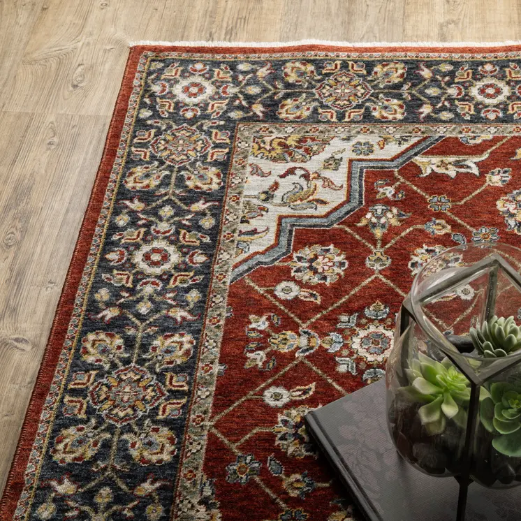 7' X 10' Red And Blue Oriental Area Rug With Fringe
