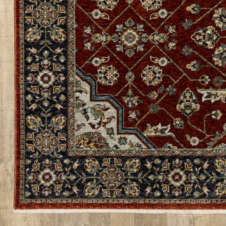 7' X 10' Red And Blue Oriental Area Rug With Fringe