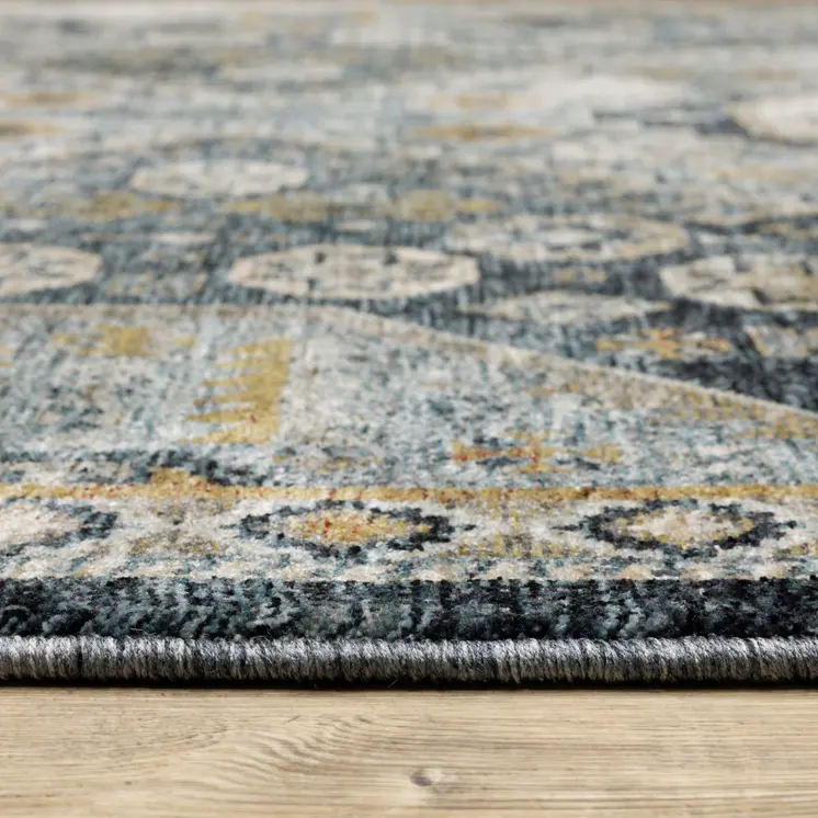 2' X 8' Blue Gold Ivory And Navy Oriental Power Loom Stain Resistant Runner Rug With Fringe