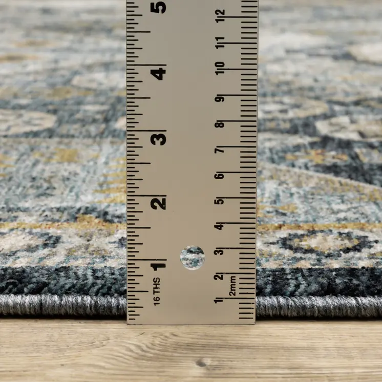 2' X 8' Blue Gold Ivory And Navy Oriental Power Loom Stain Resistant Runner Rug With Fringe