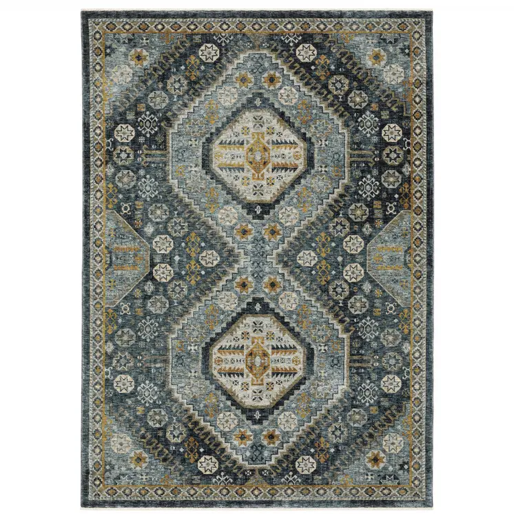 7' X 10' Blue And Gold Oriental Area Rug With Fringe